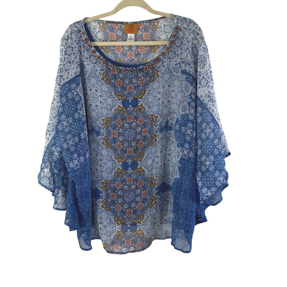 RUBY RD Poncho Top Women's 2X Boho Peasnt Festival Short Sleeve Blue Geometric